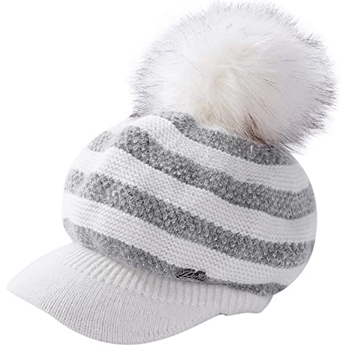 Mifulgoo Fleece Lined Beanie Hat W/Visor Brim Winter Knit Newsboy Cap Women Girl Pom Pom (White) #TOP14