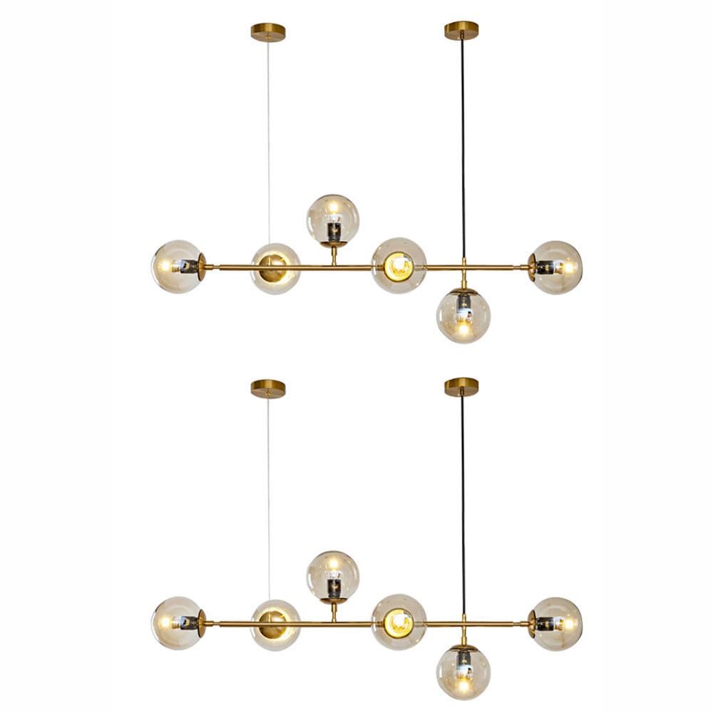 LYMSXAZOU 2 Pack E27 Modern Chandelier - 6 Light Glass Ball Pendant Lamps Northern European Design 130CM Ceiling Lights for Living Room Dining Restaurant Art Decor (Gold + Amber)