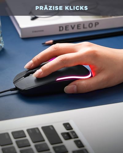 seenda Maus mit Kabel, PC Computermaus mit Kabel, 1600 DPI USB Maus Kabelgebunden für Laptop/PC/Computer/Mac, Schwarz