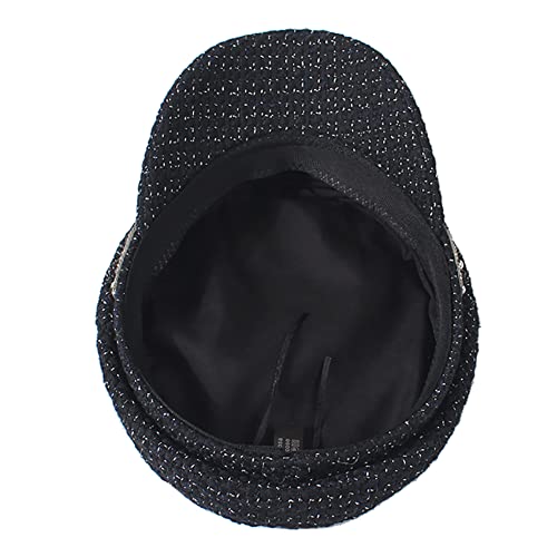 Women Fashion Sailor Fiddler Cap Newsboy Paperboy Hat With Bling Rhinestone Beaded Chain Fisherman Flat Caps (Stylish Black) #TOP2