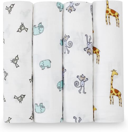 Image of aden + anais Boutique Muslin Swaddle Blanket for Baby Girls and Boys, Newborn Receiving Blanket for Swaddling, 100% Muslin Cotton Swaddle Wrap, 4 Pack, Jungle Jam