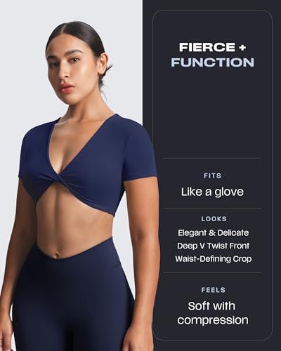 Image of Aoxjox Short Sleeve Crop Tops for Women Sienna Twist Deep V Workout Cropped T Shirt Top
