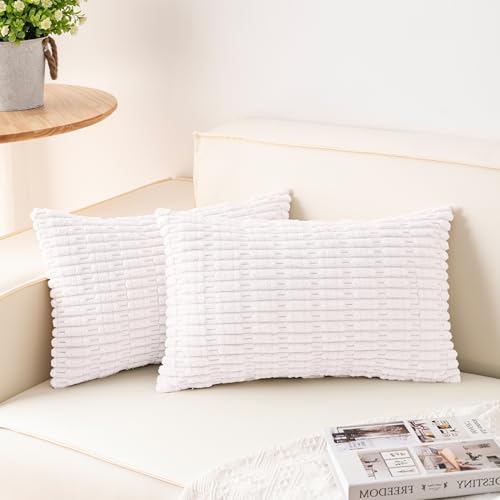 Image of Aegero Pack of 2 Corduroy Decorative Throw Pillow Covers 12x24 Inch,White | Fall Soft Striped Pillow Covers Modern Farmhouse Home Decor Christmas Throw Pillow Covers for Sofa Living Room Couch Bed