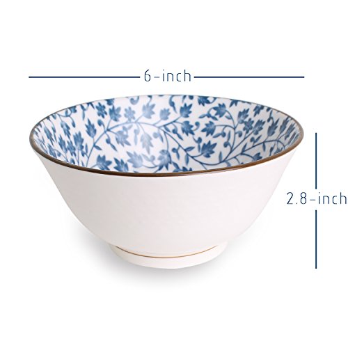 YALONG Japanese Style Deep Soup Bowls Set of 6, 6 inch Cereal Bowls Assorted Patterns, 20 oz Pho Ceramic Bowls Set Serving Soup Rice Salad Rice Noodle Pasta, Dishwasher Microwave Safe
