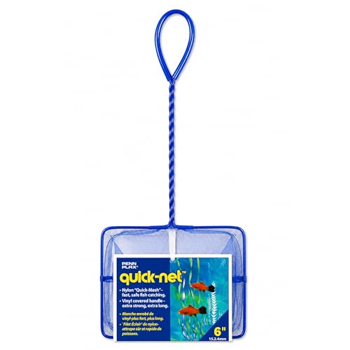 Image of Penn-Plax Quick-Net Aquarium Fish Net - 6 x 5 in Fine Mesh, 10 in Vinyl-Covered Braided Handle - Small Aquarium Cleaning Tool for Gentle Fish Handling - Use in Freshwater & Saltwater Tanks - Blue