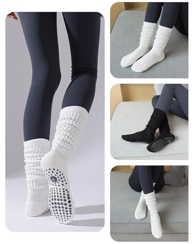 Image of Yawlsow Pilates Socks with Grips for Women Yoga Ruffle Grippy Non Slip Long Slouchy Scrunch Socks for Barre Workout Hospital