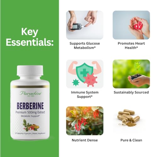 Paradise Herbs, Berberine Extract, 500 mg, Pure & Potent Berberine Supplement, Vegan, Non-GMO, Gluten Free, 60 Vegetarian Capsules