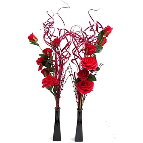 Set 2 Black Glass Vases With Flowers for wedding tables Red roses Cover