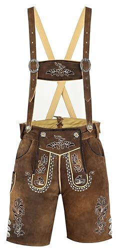 RIDEX Mens Bavarian Oktoberfest Antique Leather Lederhosen Short Trouser with Matching Suspenders (36W) Brown