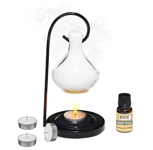 Pure Source India Porcelain Oil Diffuser Set for Home Fragrance with 10 ml White Sage Aroma Oil and 4 Tea Light Candles (White)