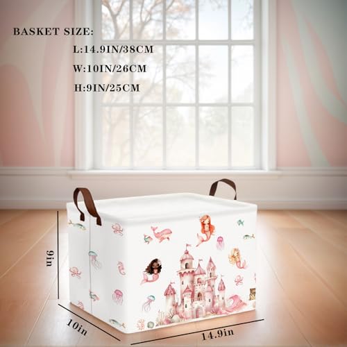 Image of Cute Rectangle Baby Girl Gift Basket Toy Storage Bin Nursery Playroom Bedroom Decor (Pink Castle)