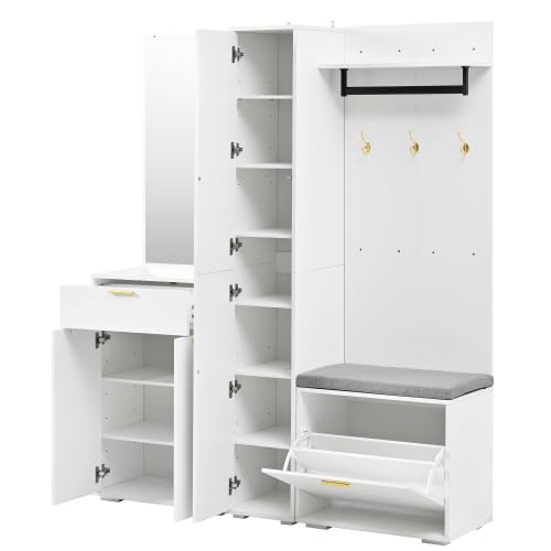 Garderobenset mit Spiegel, Kleiderstange & Sitzbank, Kompaktgarderobe mit 3 Türen, Kippfach-Schuhregal & Schublade, Weiß, 150x36x180 cm für Diele, Flur, Eingangsbereich