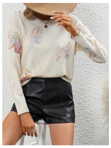 Image of BEAUDRM Women's Floral Pattern Sweaters Long Sleeve Round Neck Knitted Pullover Tops Beige Large