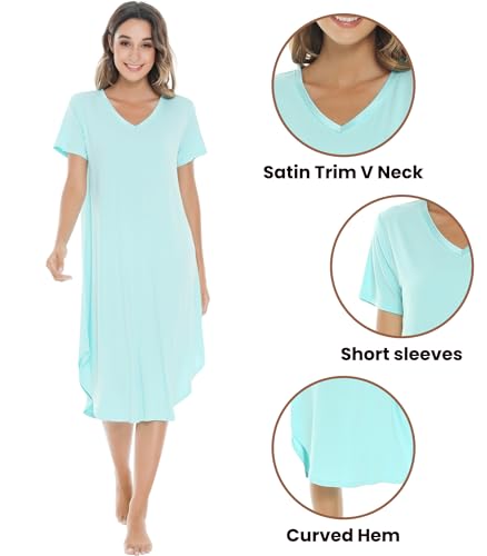 Image of NACHILA Nightgowns for Women-Viscose Made from Bamboo, V Neck Sleepshirts Short Sleeve Sleepwear Cool Nightshirt