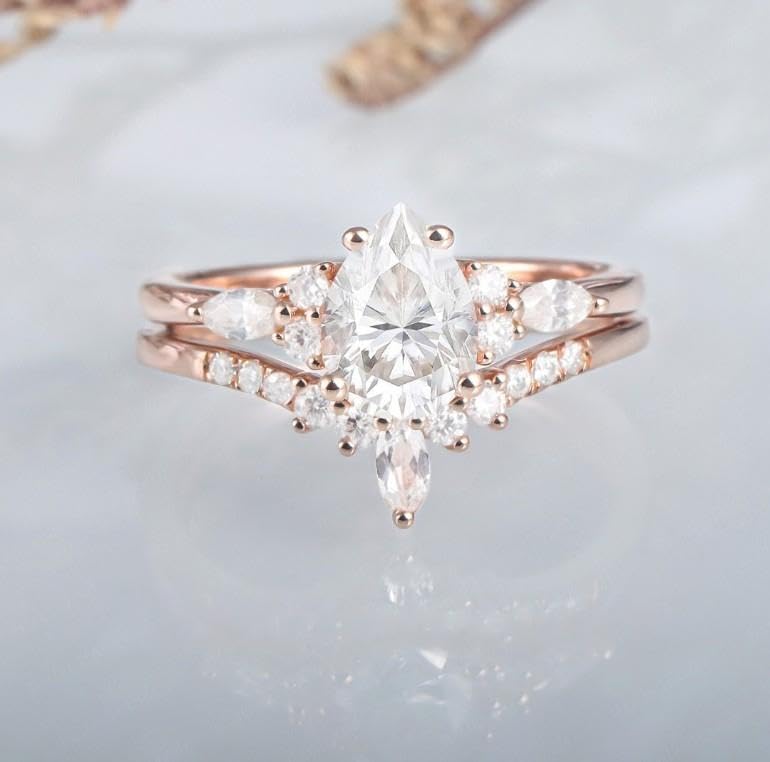 Elegant pear shape white diamond engagement ring set 2 pcs anniversary ring set 14k rose gold ring unique womens ring bridal set2