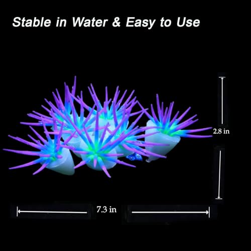 Image of ZtohPyo Glowing Effect Fish Tank Aquarium Decorations, Artificial Silicone Plants Ornaments for Fish Tank Landscape Decor Glow in The Dark Soft Anemone for Small Aquarium Decoration (Purple Anemone)
