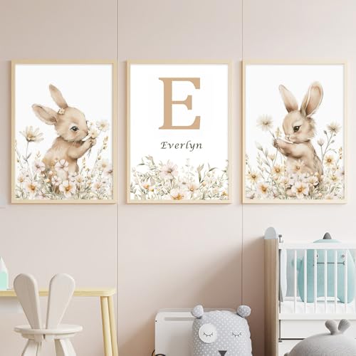 3 Affiche Lapin Chambre Bebe 30X40CM Poster Personnalisé Prenom Enfant Tableau Bébé Fille Toile Decoration Murale Enfant Affiche Chambre Bebe Fille Fleur...