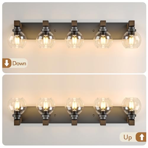 Image of LmnLvn Farmhouse 5-Light Bathroom Vanity Light, Wood & Metal Glass Shade