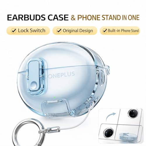 Image of Clear TPU Case for Oneplus Buds 4 with Metal Keyring, Built-in Phone Stand, Locking-Switch Design, Dust and Water Protection Cover (Transparent Blue with Stand)