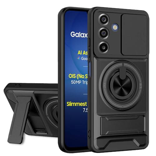 Image of AESTMO Samsung A17 / M17 / F17 / A26 5G Back Cover | Armor Camera Slider 360 Degree Rotating Finger Ring Holder Case with Bracket Stand Back Case Cover (Compatible with MagSafe Accessories) (Black)