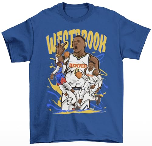 RatTrapTees Russell Westbrook Cartoon Style Denver Basketball T-Shirt (US, Alpha, Small, Regular, Regular, Navy)