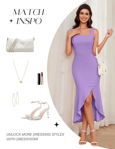 Image of Dressystar 2026 Women's Square Neck Bodycon Sleeveless Cocktail Dresses | wedding guest dresses for women, midi length, formal party dress, soft breathable stretchy material, slit ruffle hem design