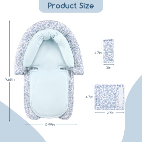 Image of Baby Car Seat Head Support for Newborn, 2 in 1 Infant Car Seat Head Body Support with Strap Pads, Soft Stroller Cushion Pillow Insert for Girls, Fits for Stroller, Swing, Blue