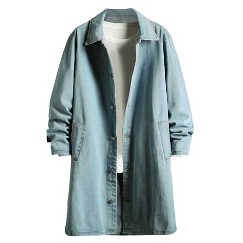 Men's Denim Trench Coat Long Jean Jacket Winter Warm Windbreaker Overcoat