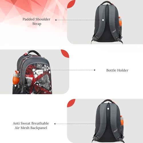 Image of F Gear Panya Grey Geometric Black Red 21L School Backpack|Three Spacious Compartment with Water bottle holder|Lightweight and durable|Comfortable to Carry|Stylish Backpack