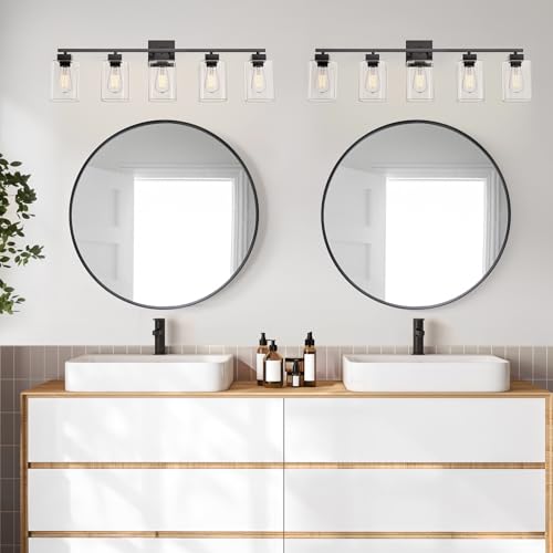 Image of 5 Light Bathroom Vanity Light - Matte Black Bathroom Light Fixtures Square Design & UL Certification, 31 Inch Black Bath Room Lighting Fixtures Over Mirror for Living Room & Bedroom & Restroom