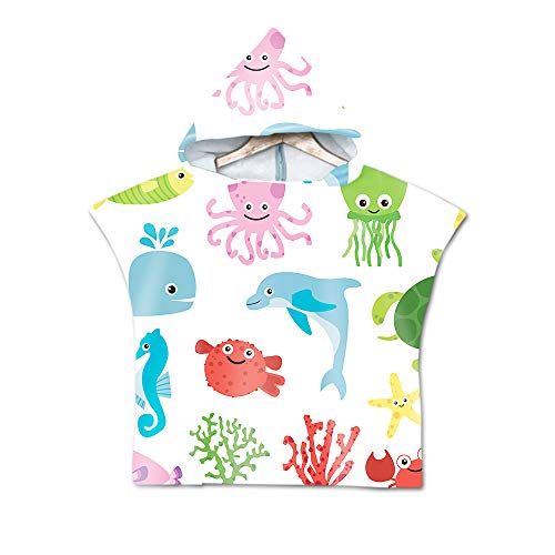 Chickwin Poncho Toalla de Baño con Capucha para Niños, Toalla de Playa Bañera Toalla de Bañera Ducha Natación Surf para Niñas Niños Infantiles (60 * 80cm,Delfín Azul)