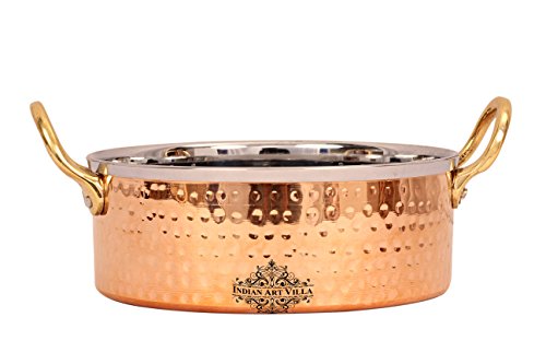 Indian Art Villa Hammered Steel Copper Sauce Pot with Brass Double Sided Handle, Serveware Tableware, Diameter 4.5'' Inch