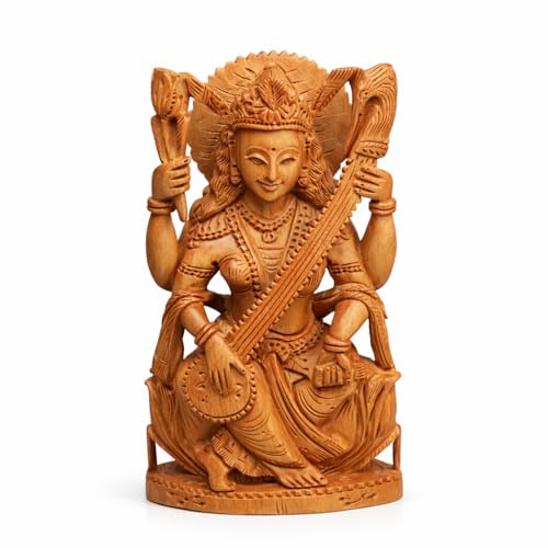 Image of RDK Saraswati MATA Chandan Murti - 4 inches Handcrafted Sandalwood Idol for Pooja, Home Temple & Study Room - for Spiritual & Religious Use Only