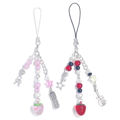 Homvog 1-4PCS Cute Phone Charms Aesthetic Y2K Cell Phone Charms Strap Pink Strawberry Butterfly Star Phone Charm Y2K Accessories for Phone Bag Keychain Airpods Camera Pendants Decor, metals