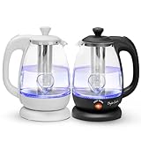 Hervidor Eléctrico de Vidrio 1L Negro y Blanco - 2200W Hervido Rápido, Mantenimiento Calor, Filtro Acero Inox & Apagado Automático | Regalo Pareja para Amantes de Té/Café
