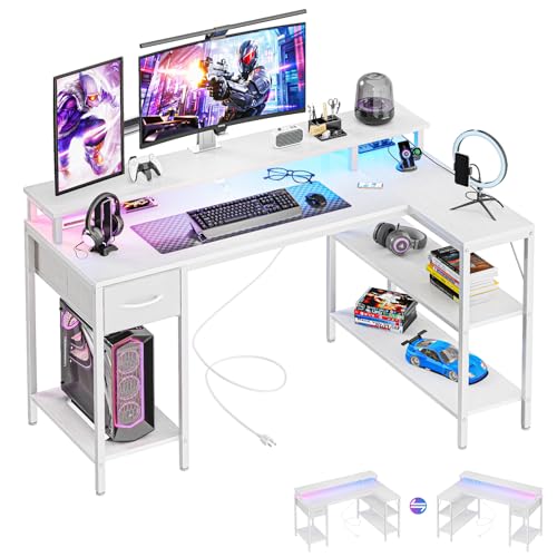 Image of DUMOS 53 Inch Gaming Desk, Monitor Stand, LED Lights | Storage Shelves, USB Charging Ports, Power Outlets, Reversible L Shaped Corner, Home Office Small Space, White