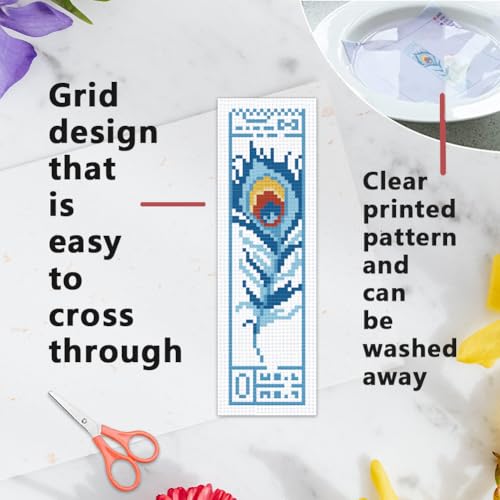 INFUNLY 6PCS Colorful Feather Cross Stitch Bookmark Kit for Adults 8.66"×3.15" Feather Pattern Boho Embroidery Bookmark Kit Ethnic Counted Cross Stitch Kit with Instruction for Book Lovers DIY - Image 3