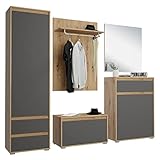 mokebo® Garderoben Set 5-teilig mit Spiegel und Sitzbank 'Die Verstauer', großes Komplettset in Eiche-Grau für den Flur, Garderoben Set, Garderobenmöbel