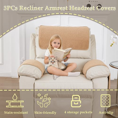 Obliqwin Armrest Covers - Arm Chair Covers Set of 3 Recliner Chair Covers, with Pockets Stretch Arm Rest Cover Non-Slip Armchair Protector Cover for Tv Armchair Chair Sofa,Washable (Camel 22.5x15 in) by Obliqwin - Image 2