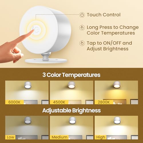LED Wall Mounted Lamps, 3CCT Battery Operated Wall Lights, White-1 Pack - image 6