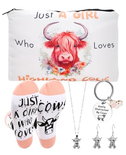 XdealCozyxc 5 Pcs Highland Cow Gifts for Women Cattle Keyring Makeup Bag Cotton Socks Necklace and Earrings for Birthday Graduation