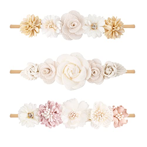 Image of cherrboll 3pcs Baby Girl Flower Headbands, Super Soft & Stretchy Nylon Floral Hairbands for Newborn Toddler