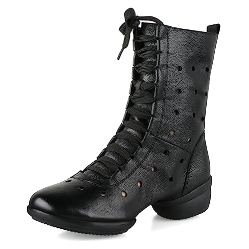 VEACAM Jazz Ballet Dance Boots, Lace-Up Dancing Sneakers for Women Leather High Top Ballroom Performance Shoes,Black Hollow,8