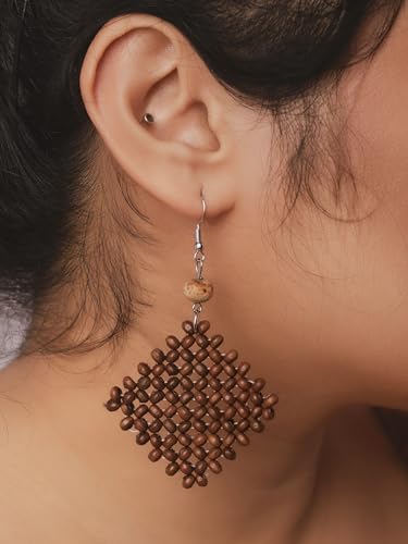Image of MINACHI Boho Chic Handmade Rattan Wood Dangle Drop Earrings for Women, Bohemian Summer Beach Statement Jewelry Gift for Women