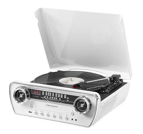 Image of Crosley CR6047A-WH Powel 7-in-1 Bluetooth in /Out Vinyl Record Player with AM /FM Radio, CD Player, and Aux-in, White