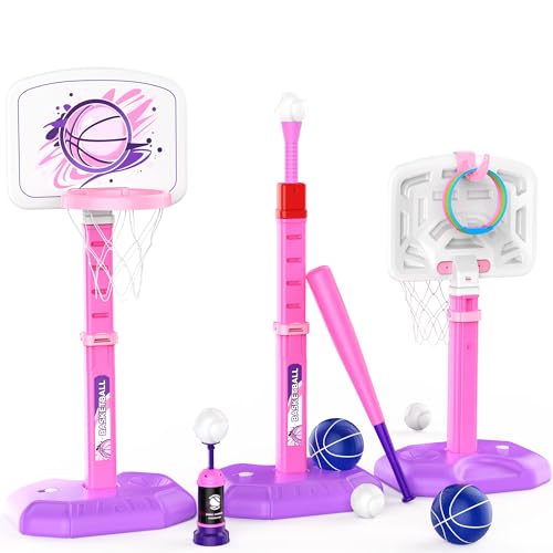 Image of 4 in 1 Kids Basketball Hoop and T Ball Set & Ring Toss Game Blue&Pink