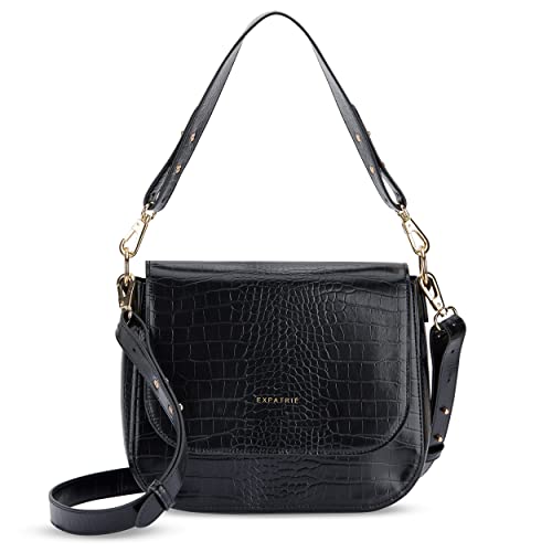 Expatrié Umhängetasche Damen Schwarz Kroko - Louise Large - Moderne Handtasche aus Veganem Leder - Crossbody Bag für den Alltag - Flexible Taschengurte