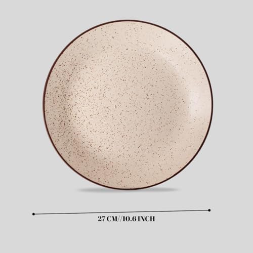 Image of Freakway Rustic Speckled Ceramic Dinner Set - 6 Pc (2 Plates, 4 Bowls) - Beige with Brown Rim