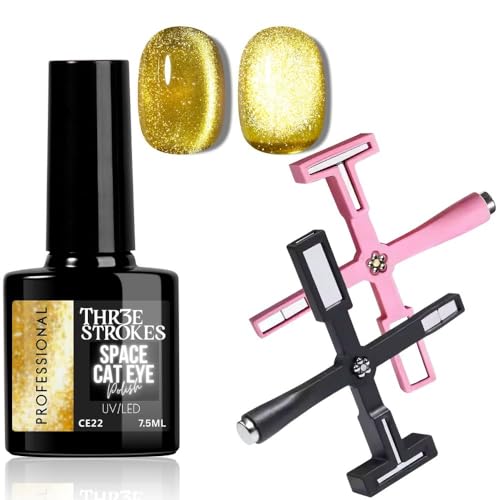 Image of THR3E STROKES 9D Cat Eye Gel Nail Polish 7.5ML - Glitter Magnetic Gel with 3D Shimmering Effect - 5 in 1 Magnet Set - UV /LED Soak Off Gel for Nail Art & DIY Manicure at Home (CE22+5IN1MAGN)