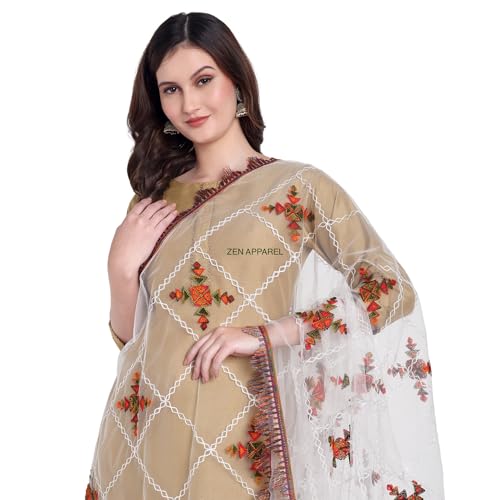 Image of ZEN APPAREL Women's Embroidered Net Dupatta with Lace Borders (Z-101) Premium Net Fabric Golden Aari Work